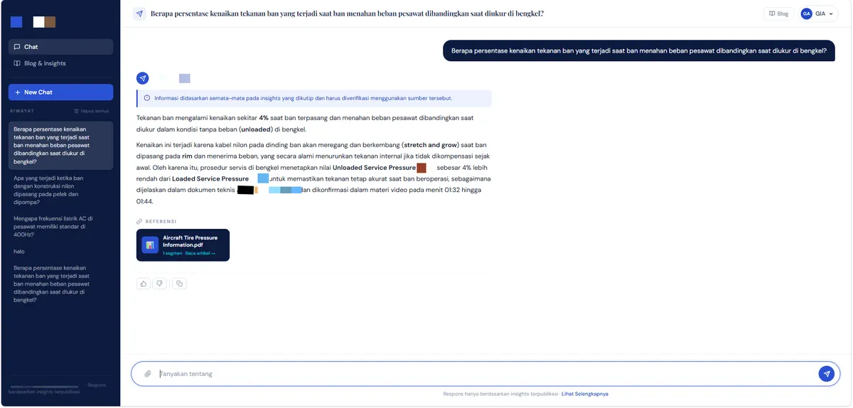 Team-built chat screen with a technical answer and a linked PDF source.
