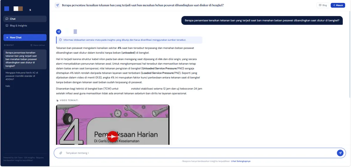 Team-built chat screen showing an answer with a related training-video preview.