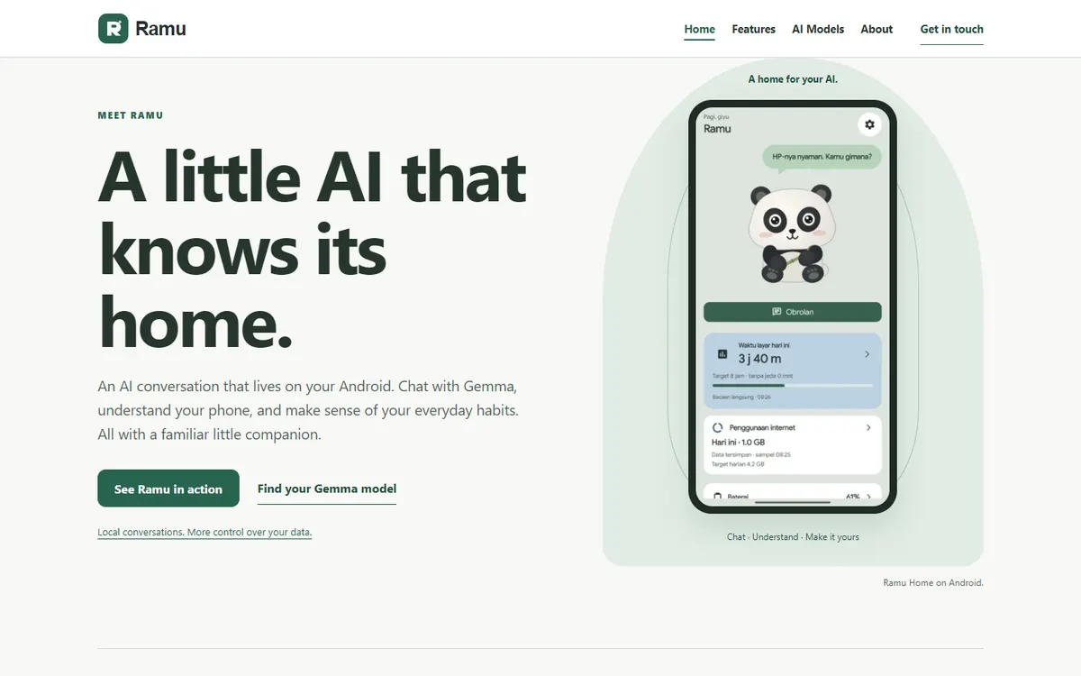 English Ramu website home page introducing the Android app and Gemma model setup.