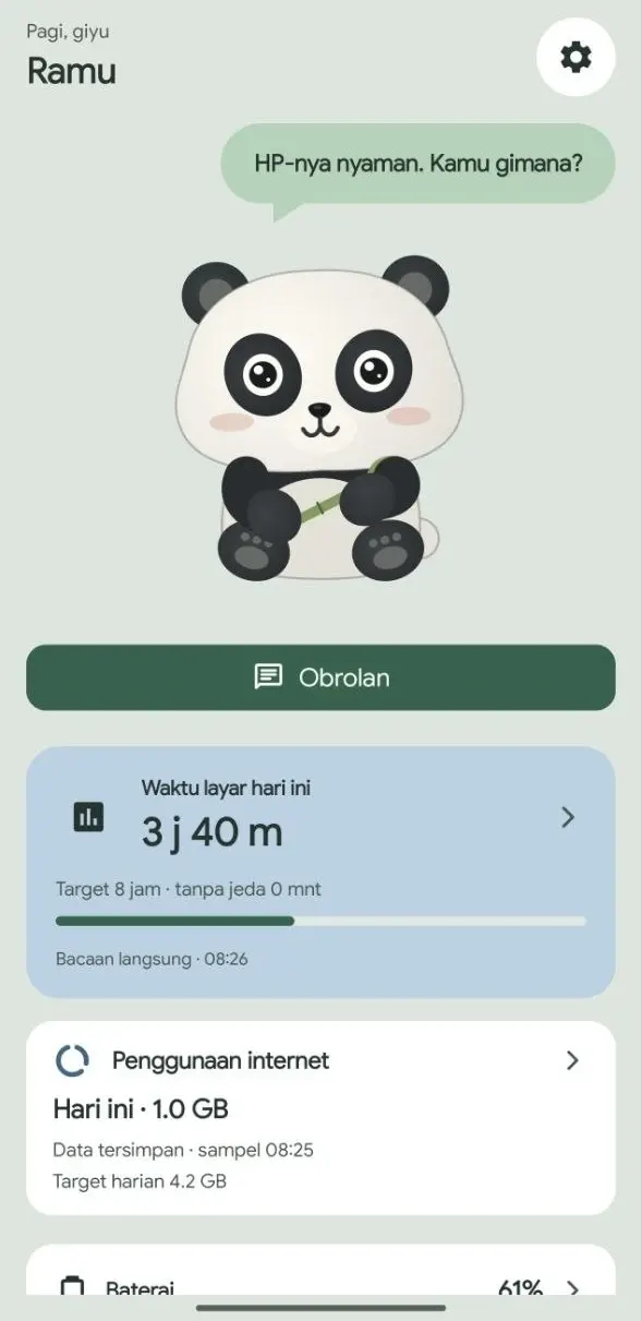 Ramu home screen with Bao and summaries for screen time and internet use.