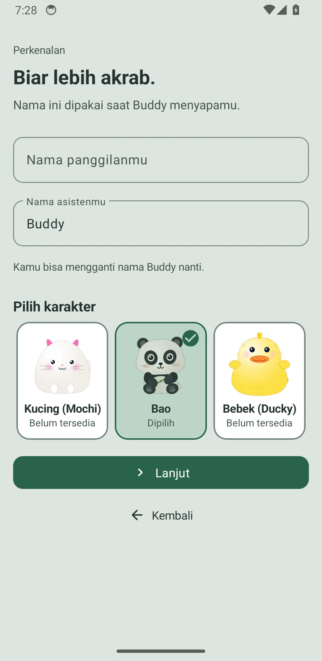 Ramu emulator setup screen for choosing an assistant name and companion character.