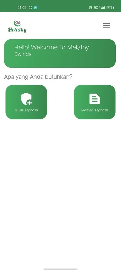 Prototype home screen with diagnosis and history actions beneath a welcome greeting.