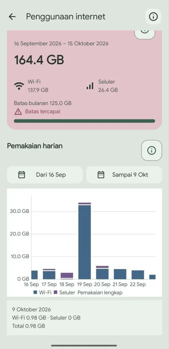 Ramu internet history with a monthly cycle summary and daily Wi-Fi and mobile bars.