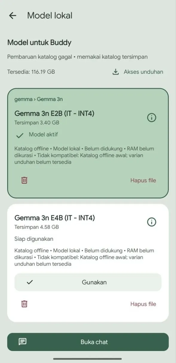 Ramu model-management screen listing Gemma options and compatibility states.
