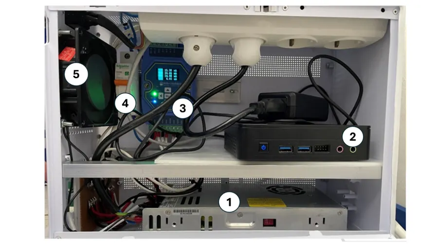 Open enclosure showing the power supply, Intel NUC, Ebyte ME31 acquisition module and cooling fan.