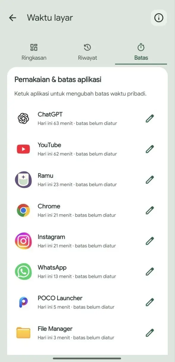 Ramu per-app screen-time list with usage totals and editable reminder limits.