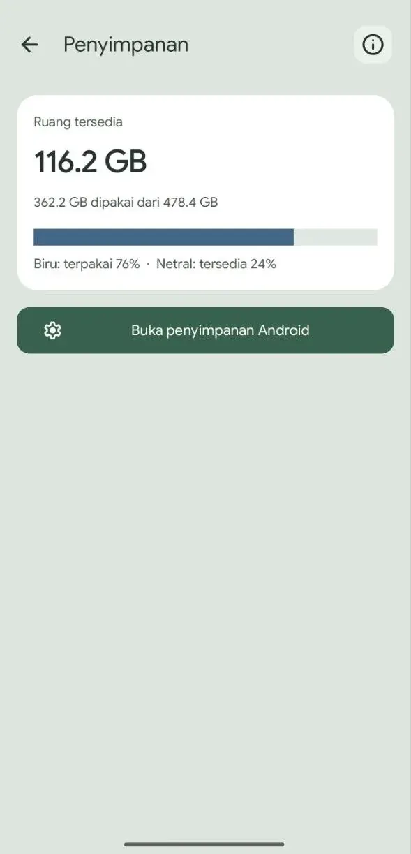 Ramu storage screen showing used and available device space.