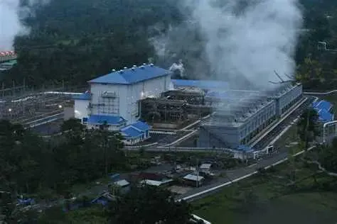 Geothermal plant buildings with steam rising above a forested site.